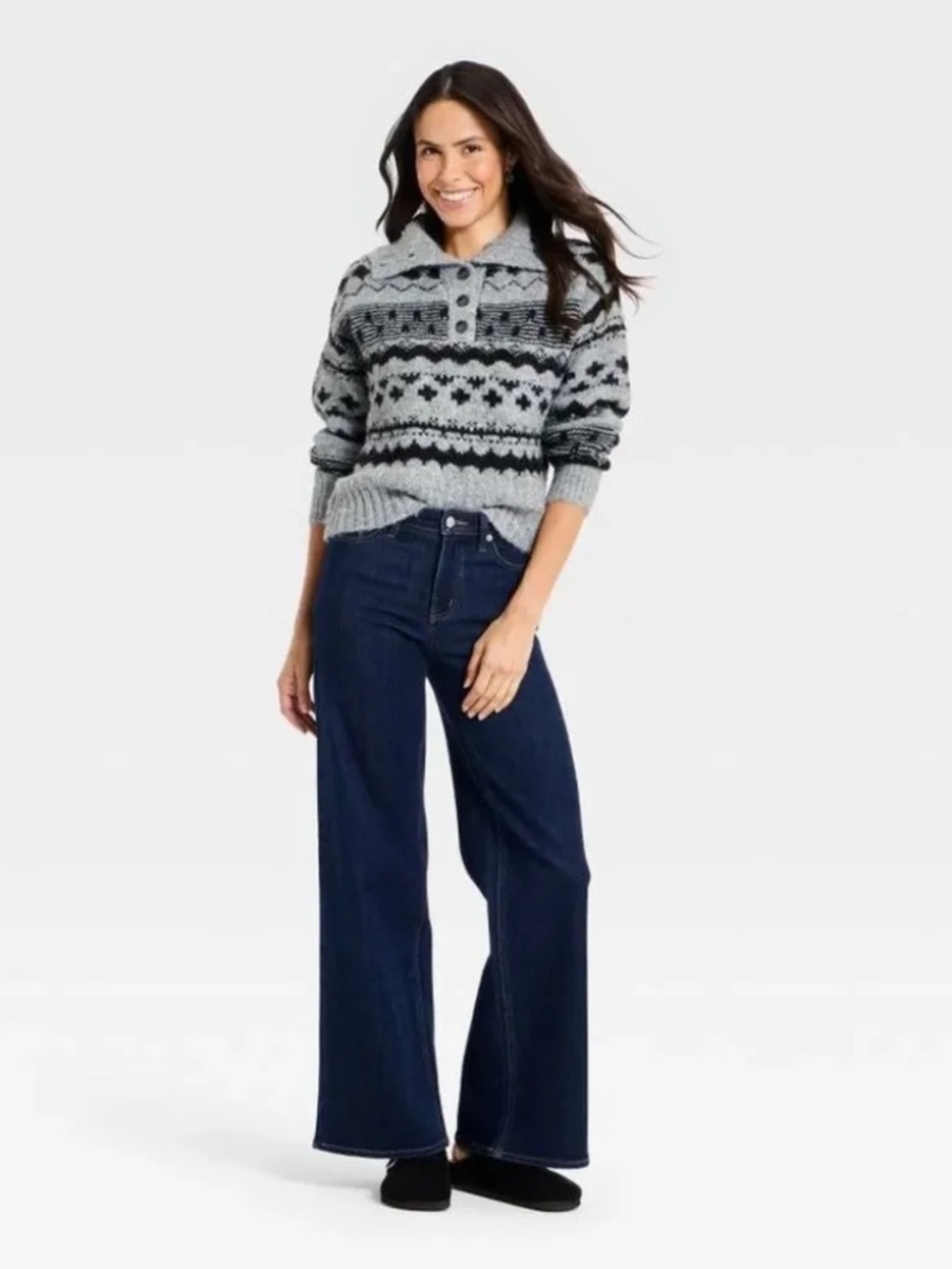 Women's Fairisle Henley Shawl Sweater - Universal Thread Dark Gray